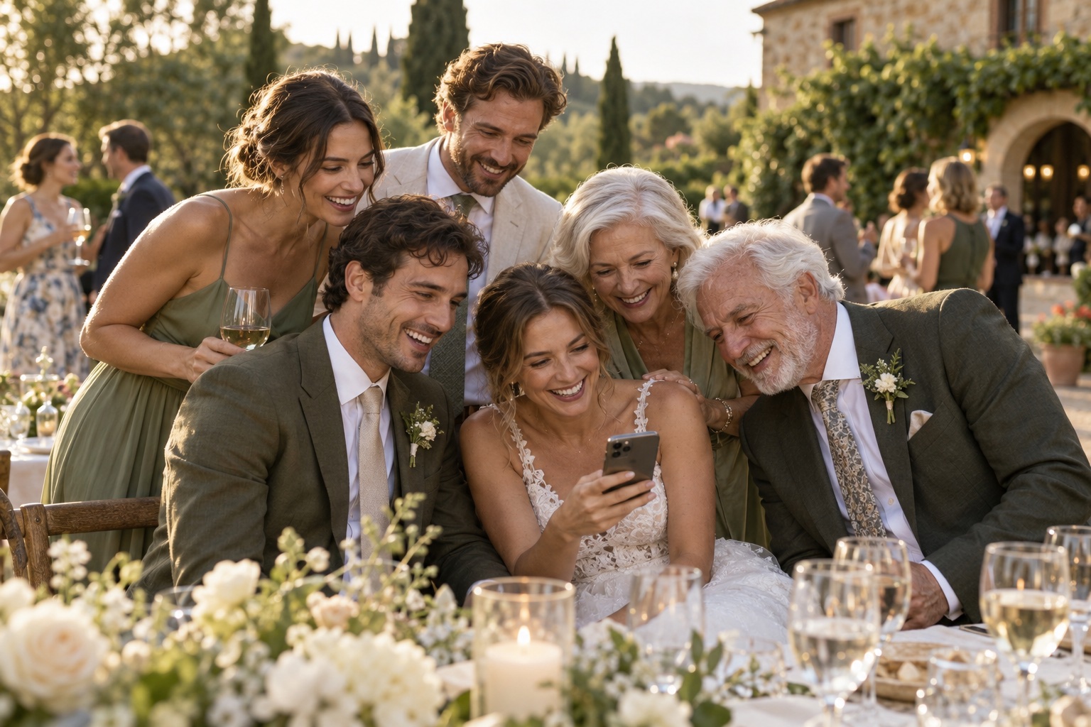 Wedding guests gathered around a phone to view shared celebration photos