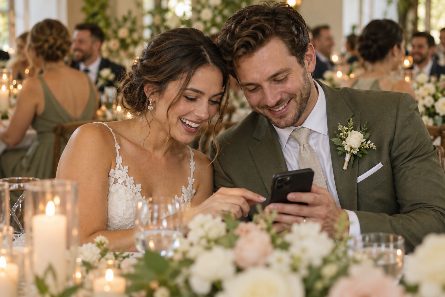 Newlyweds reviewing wedding photos on a phone at their reception