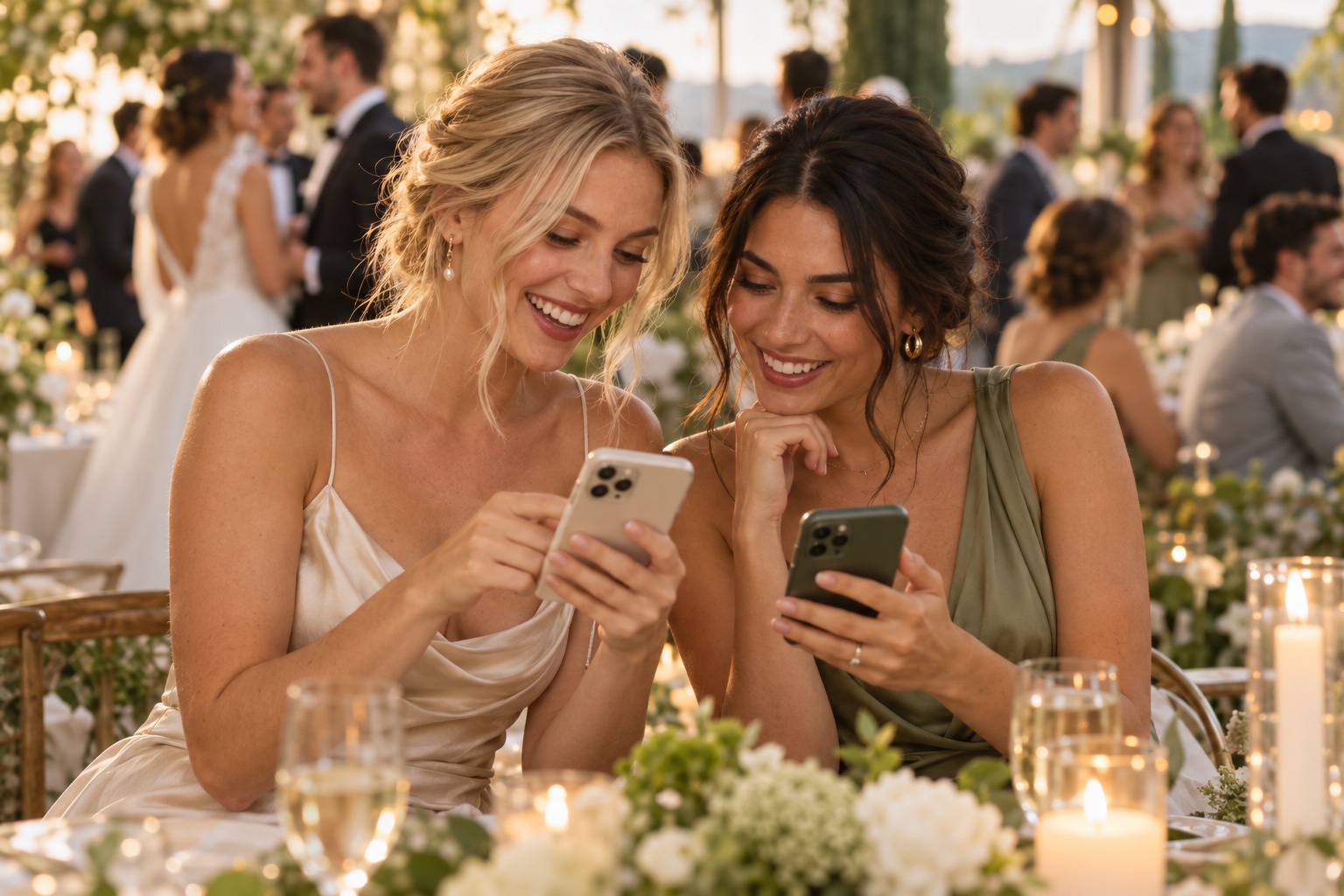 Two wedding guests comparing photos on their phones