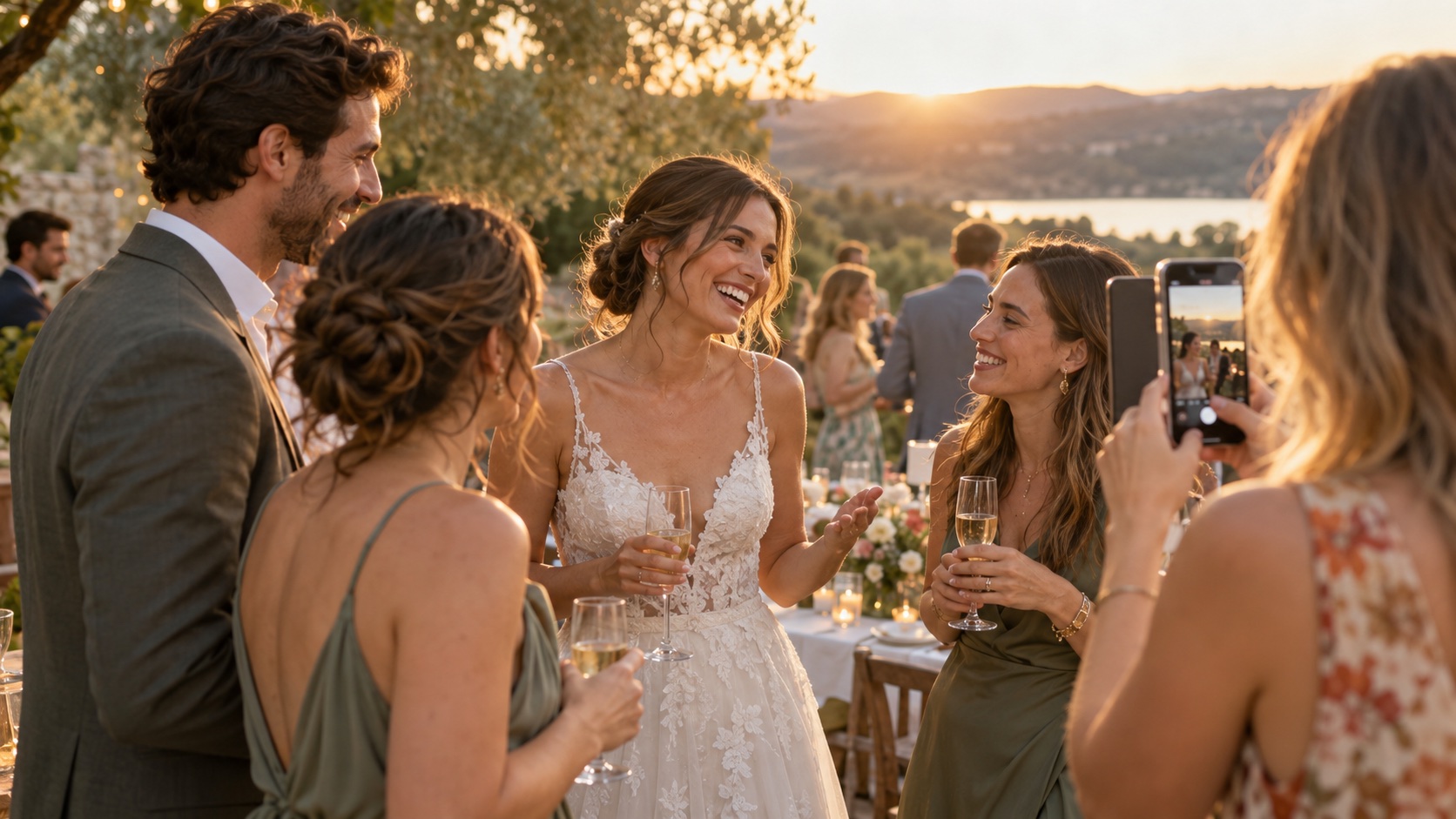 Bride talking with guests as one shares a photo on a phone