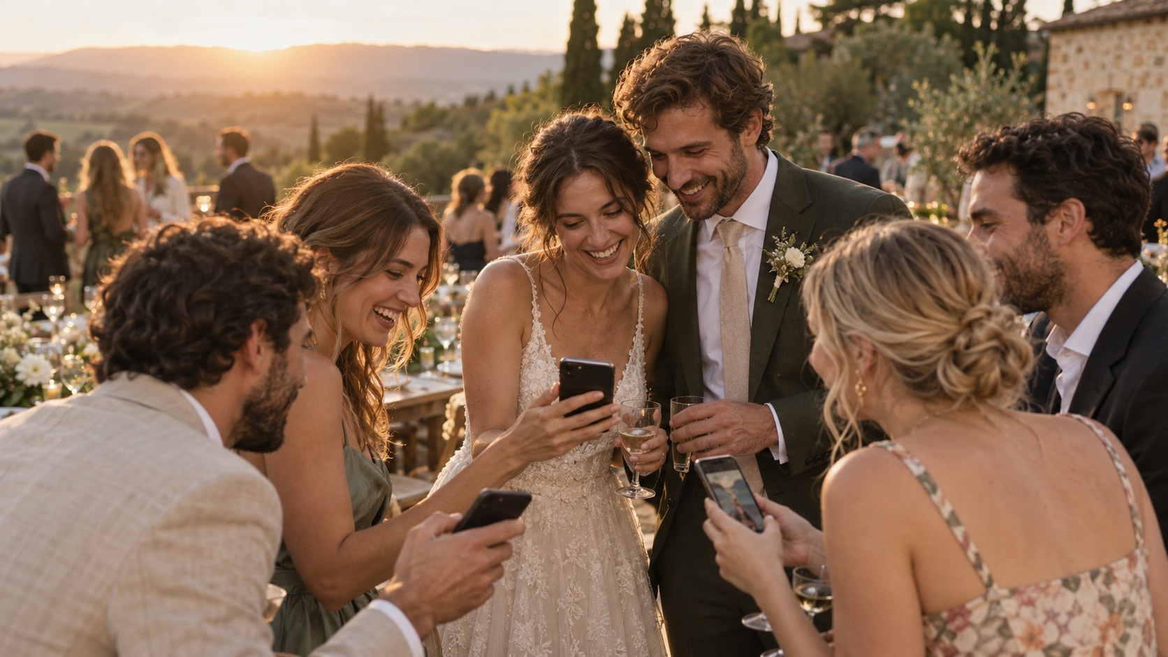 Newlyweds and guests looking through photos together at an outdoor reception