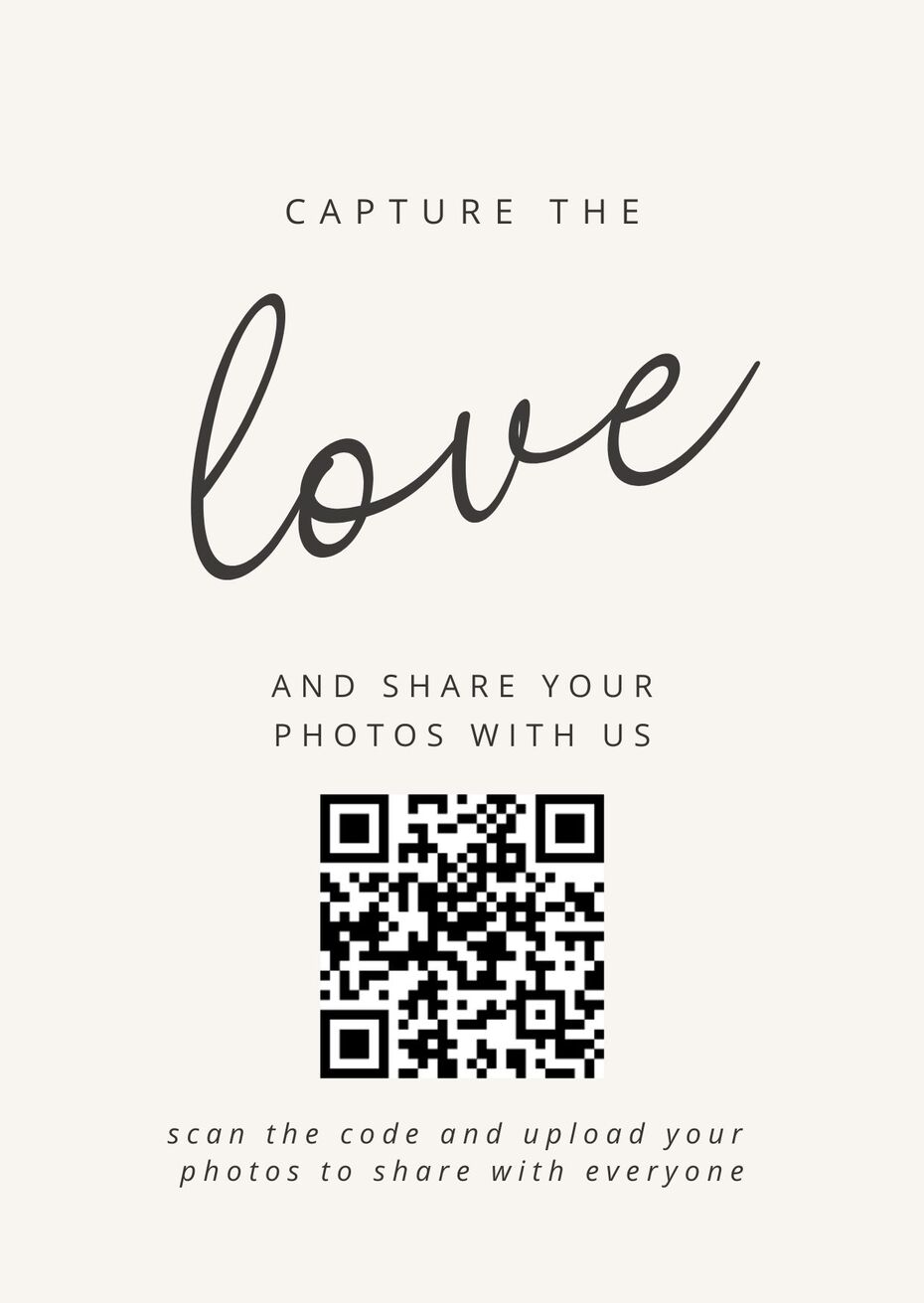 A wedding photo sharing card with a QR code and instructions to upload photos