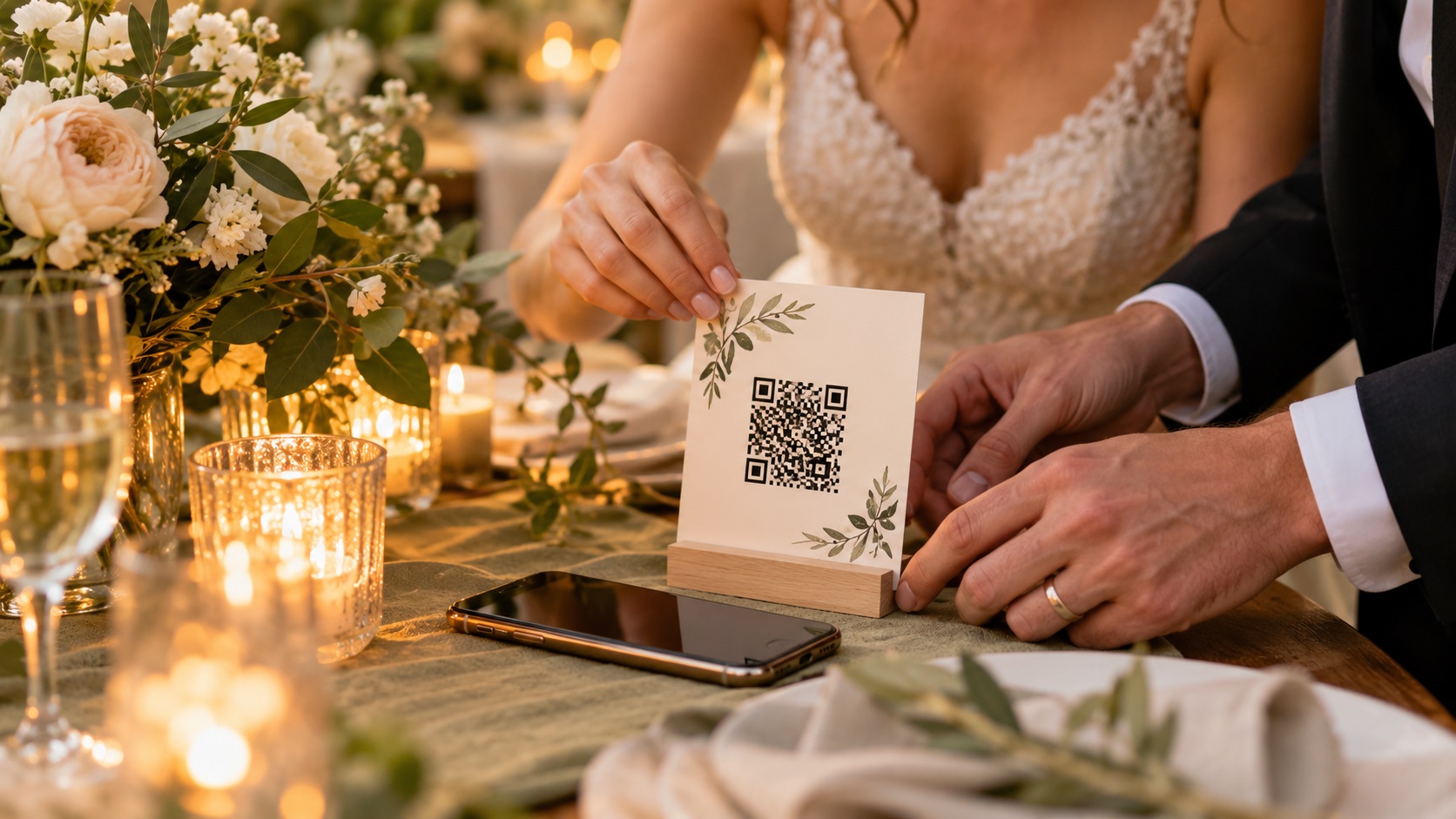 Couple looking through wedding photos together at home