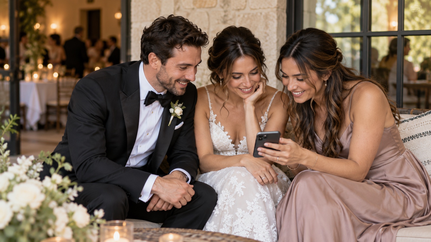 Couple reviewing wedding photos privately on a phone