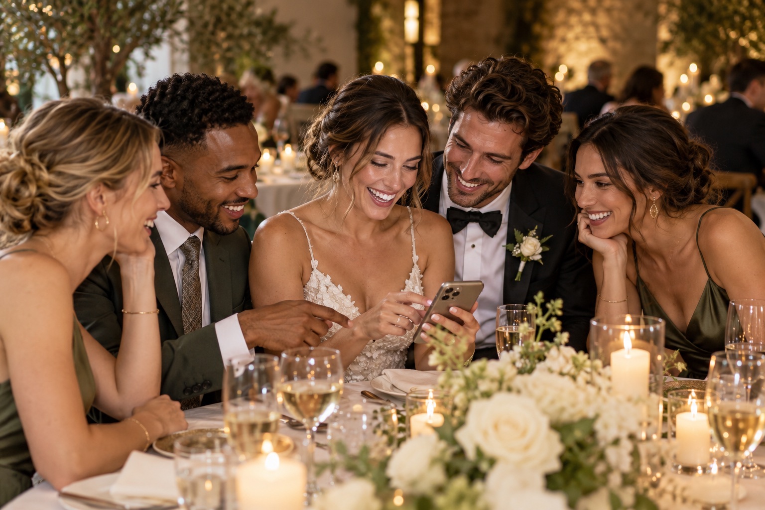 Couple and friends looking at wedding photos around a reception table