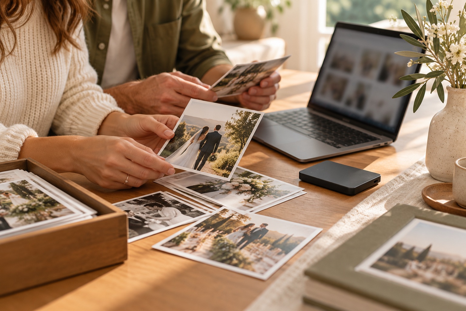 Wedding prints, laptop, and external drive arranged on a table