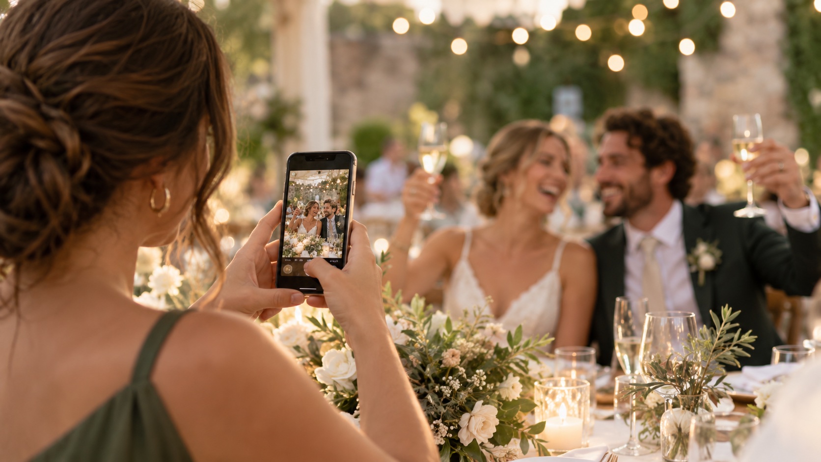 Newlyweds looking at guest photos together during their reception