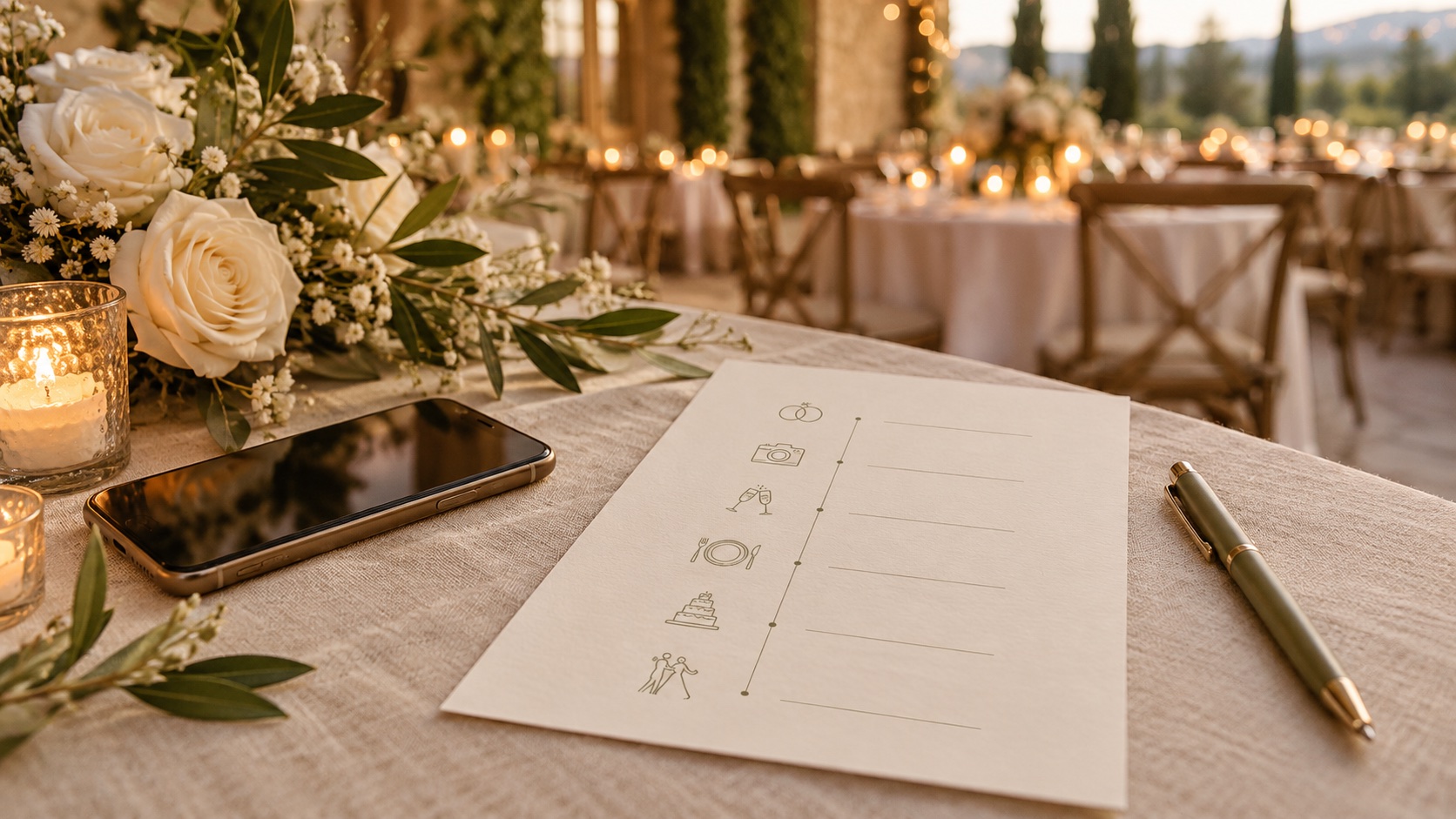 Wedding day photo checklist and planning materials arranged on a table
