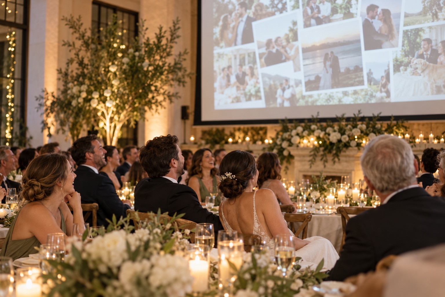 Wedding guests watching a photo slideshow during the reception