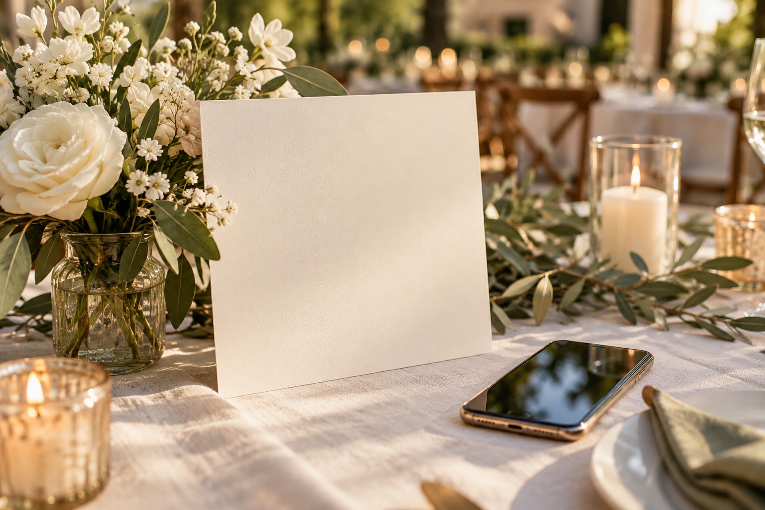 Blank wedding stationery card beside a phone and flowers