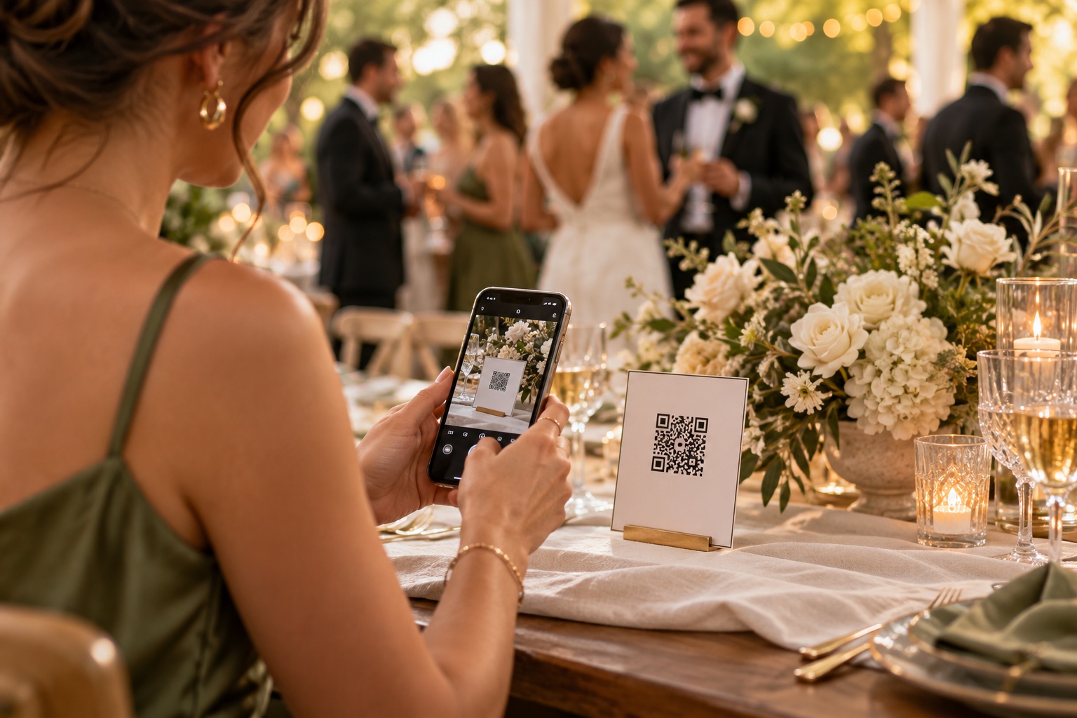 Wedding guest scanning a QR code card with a phone at a reception