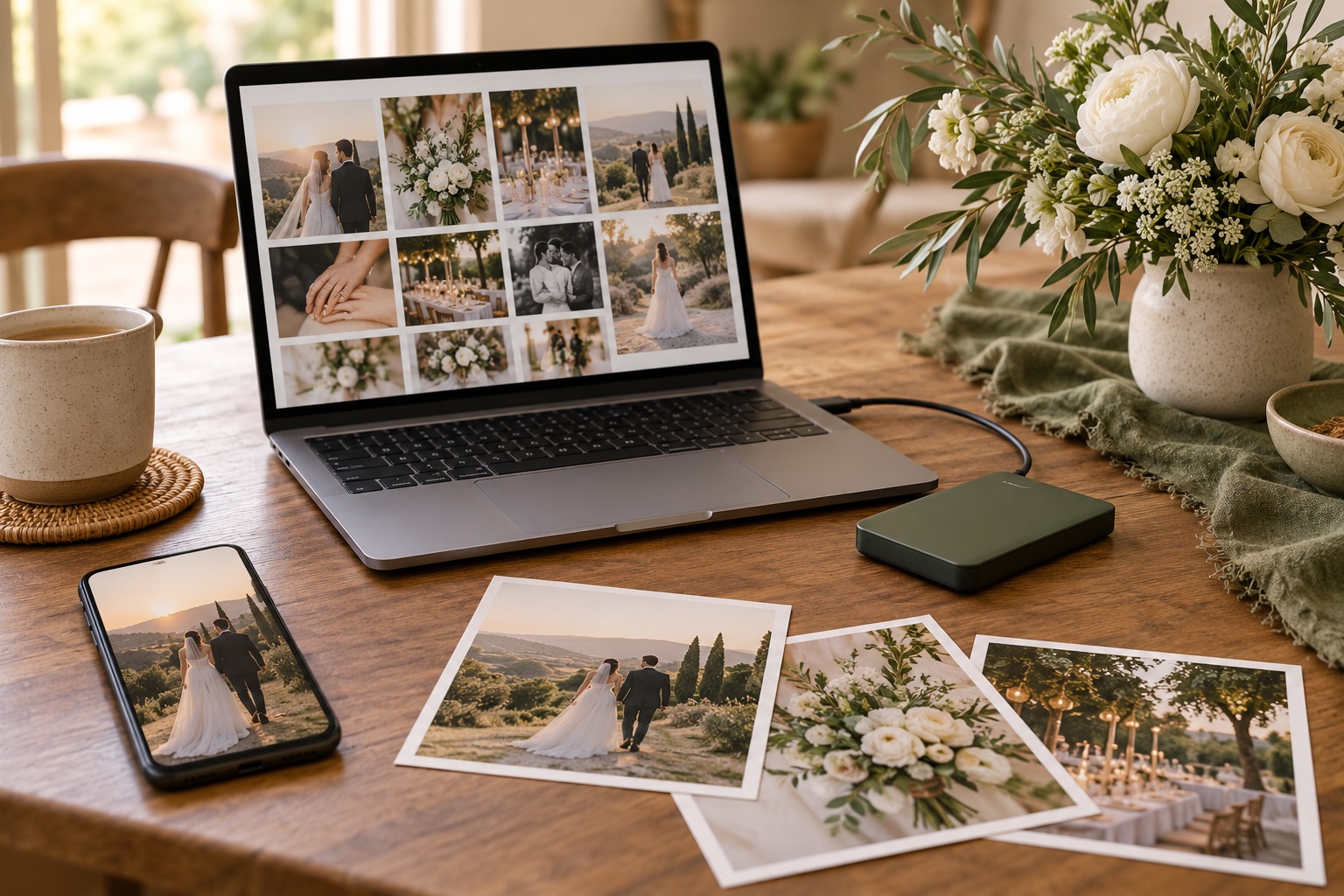 Laptop, phone, backup drive, and wedding prints on a wooden table
