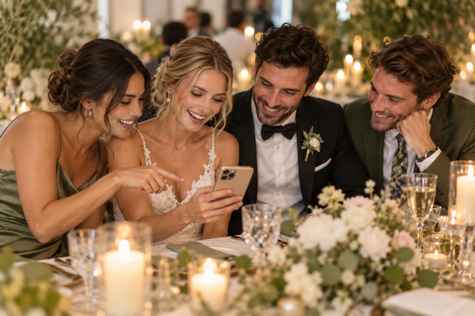 Newlyweds and friends looking at wedding photos on a phone