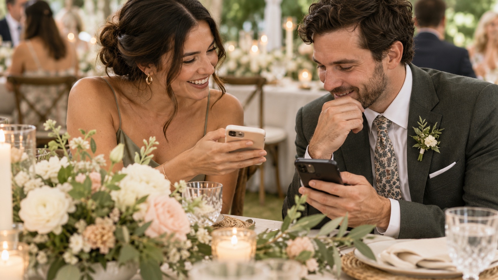 Two wedding guests viewing photos together on their phones