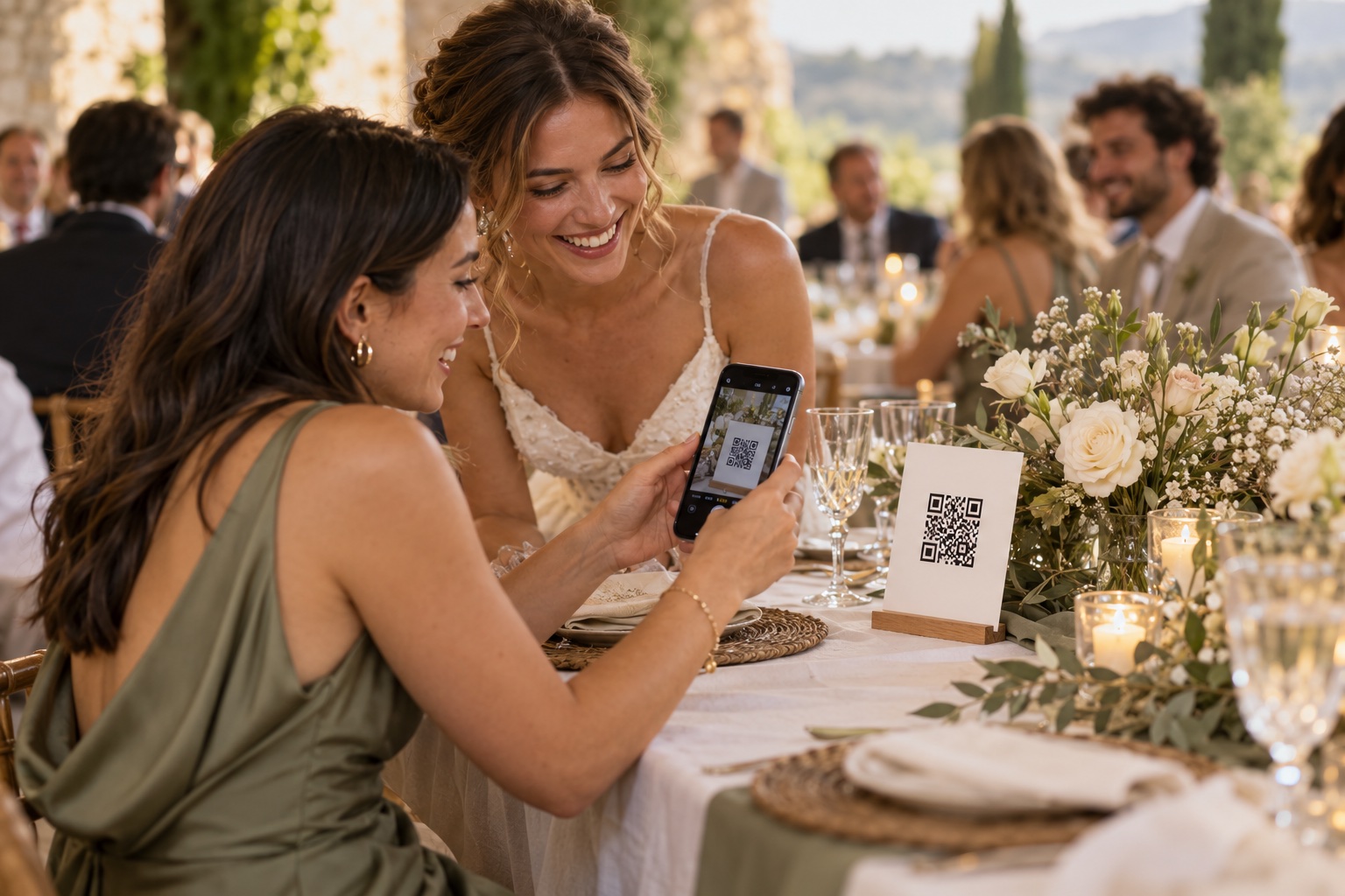 Wedding guest scanning a QR card while the bride looks on