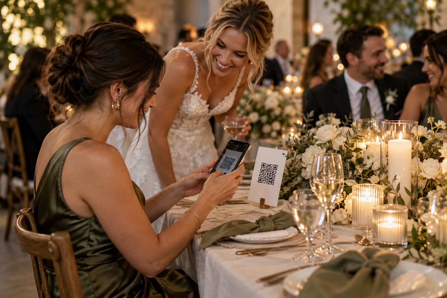 Guest scanning a QR code card at a candlelit wedding reception