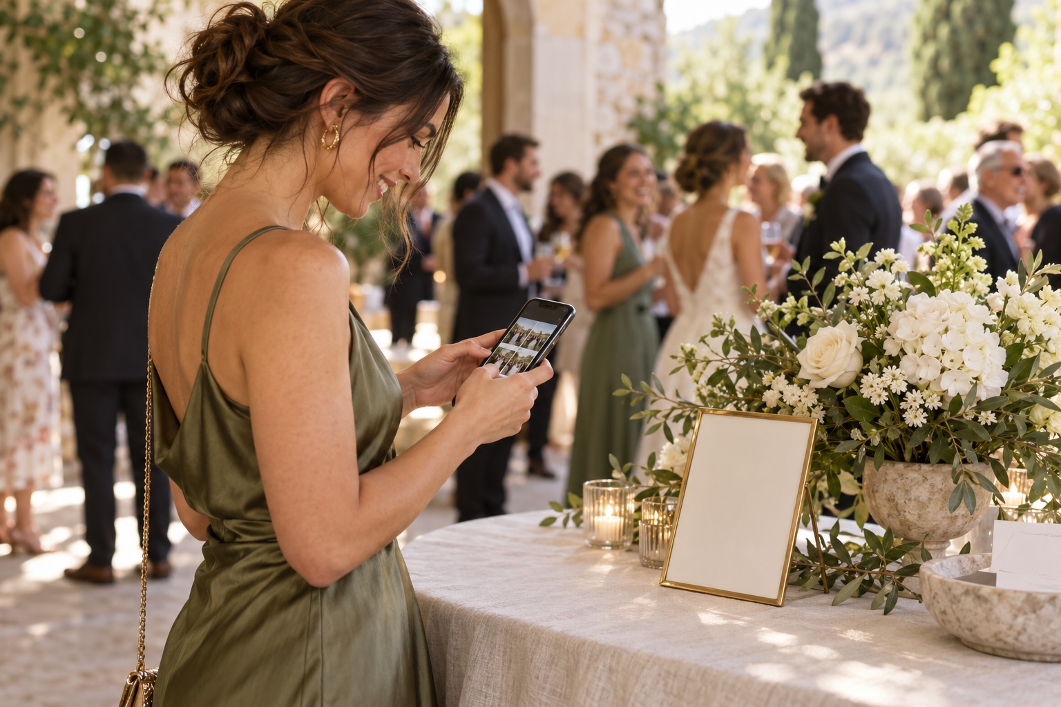 Wedding guest viewing photos on a phone beside a welcome table
