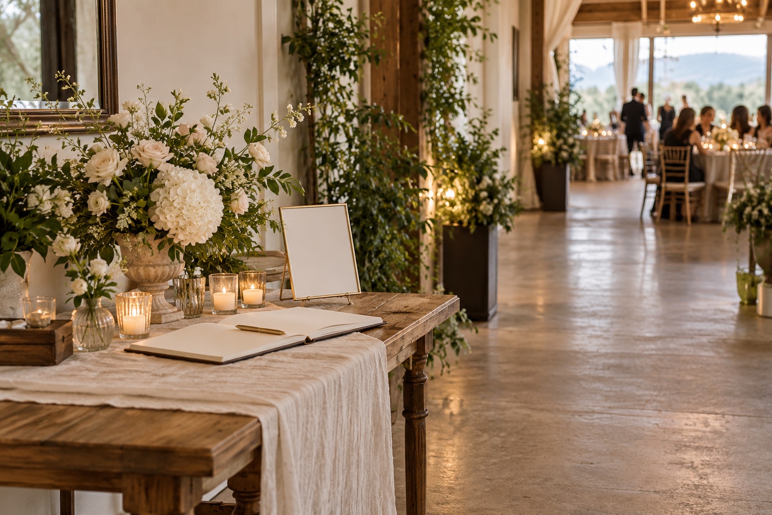 Wedding welcome table with a blank sign near the reception walkway